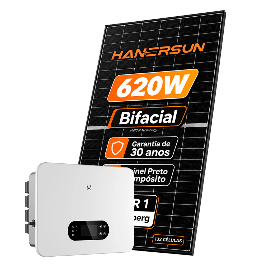 Kit Energia Solar Híbrido com 1x Inversor 3.6KW GOODWE HIBRIDO MONO 220V – Estrutura Fibrocimento – Módulo BIFACIAL 620W - HANERSUN - EF.23% - Bateria LFP LYNX U (G3) LXU 5.0-30 - 5KWH - BAIXA TENSAO - GOODWE