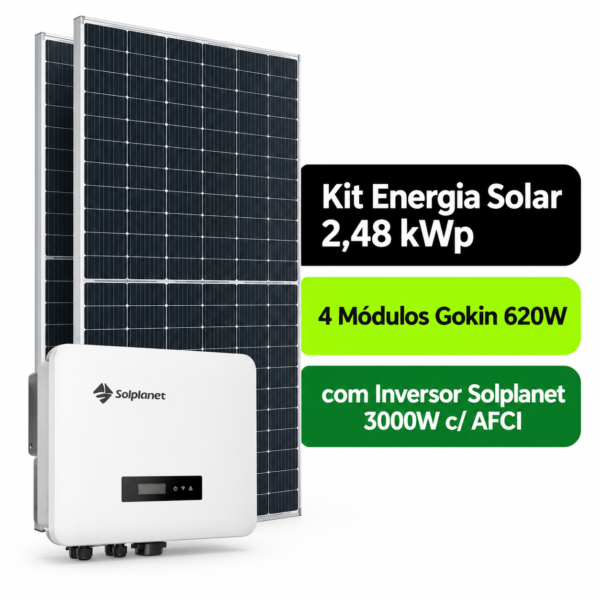 Kit Solar 2,48 kWp Bifacial Gokin 620W + Inversor Solplanet 3000W c/ AFCI