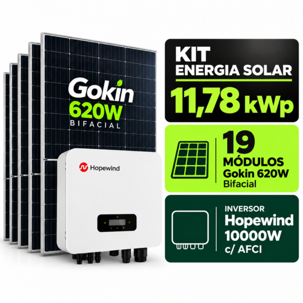 Kit Solar 11,78 kWp Bifacial Gokin 620W + Inversor Hopewind 10000W c/ AFCI